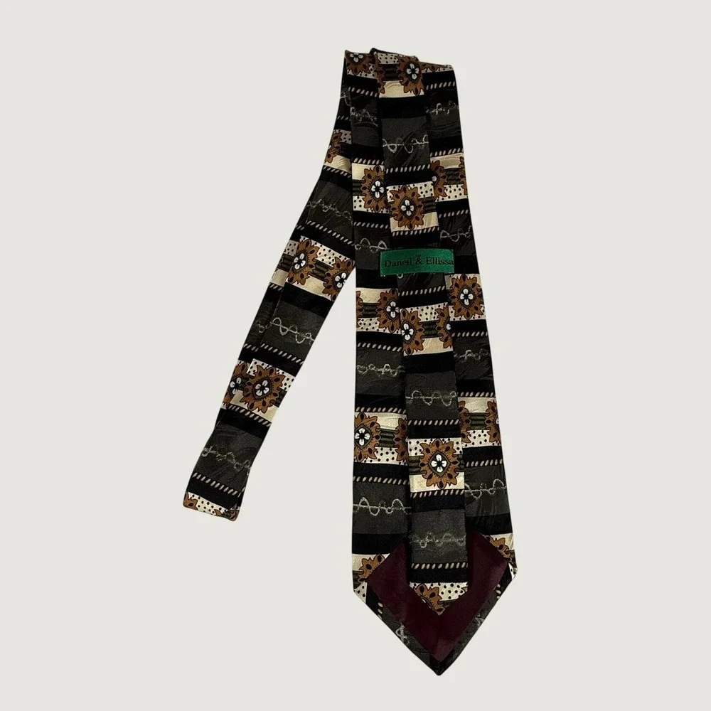 Vintage Daneil & Ellissa 100% Silk Tie Geometric Abstract Brown Black Made Korea